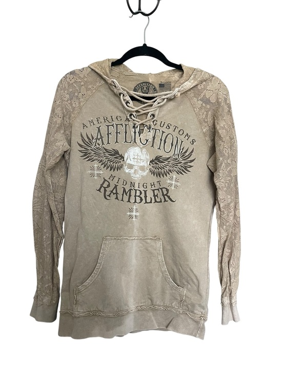 Affliction Tops - Affliction Taupe Lace-Sleeve 'Midnight Rambler' Hoodie